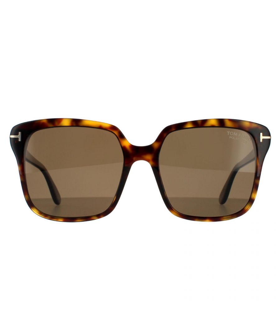 Tom Ford zonnebril Faye FT0788 52H Donker Havana Brown Polarisated zijn een oversized rechthoekig frame gemaakt van lichtgewicht acetaat. Ze zijn verfraaid met de metalen Tom Ford T's die rond de scharnieren wikkelen voor merkauthenticiteit
