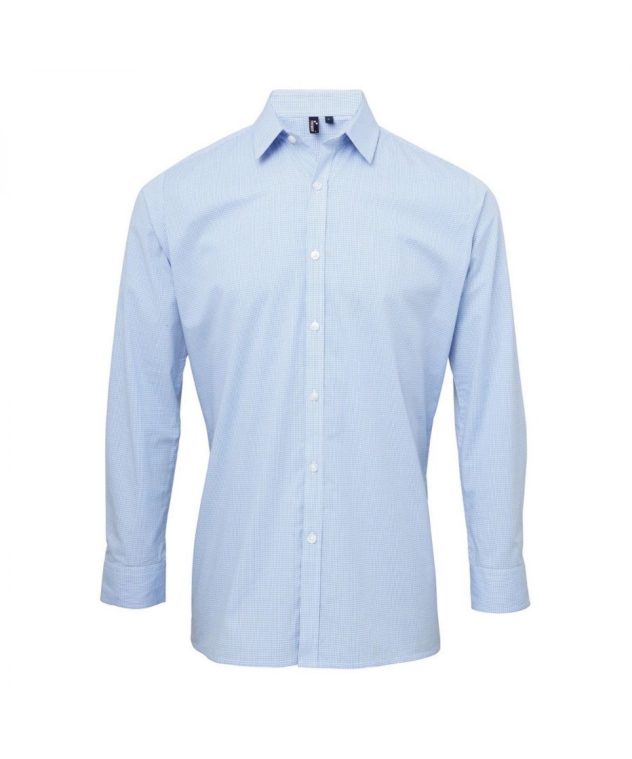 Premier Unisex Mens Gingham Long-Sleeved Shirt (Light Blue/White) - Blue & White Cotton - Size Large