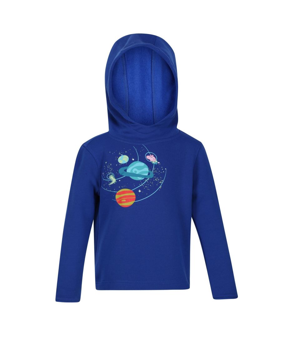 Material: 65% Polyester, 35% Cotton. Fabric: Brushed Back. 180gsm. Design: Graphic Print, Logo, Planets. Characters: Peppa Pig. Hood Features: Grown On Hood. Hardwearing, Supersoft. Neckline: Hooded. Sleeve-Type: Long-Sleeved. Length: Regular. Fastening: Pull Over. Durable.