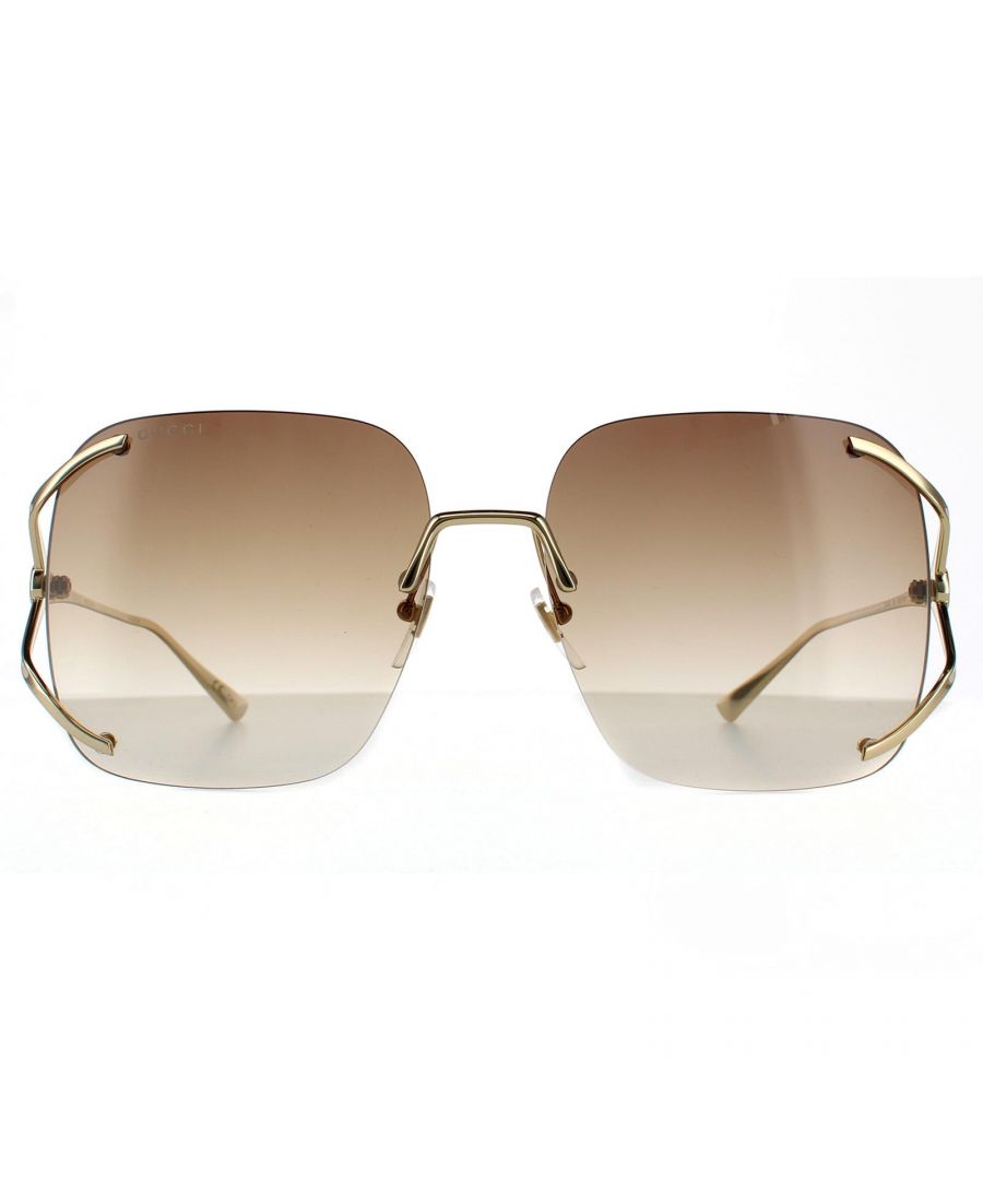 Gucci Square Womens Gold  Brown Gradient  Sunglasses Gucci are a incredibly glamorous rimless square frame with a striped design featuring on the temples alongside the G logo to great effect.