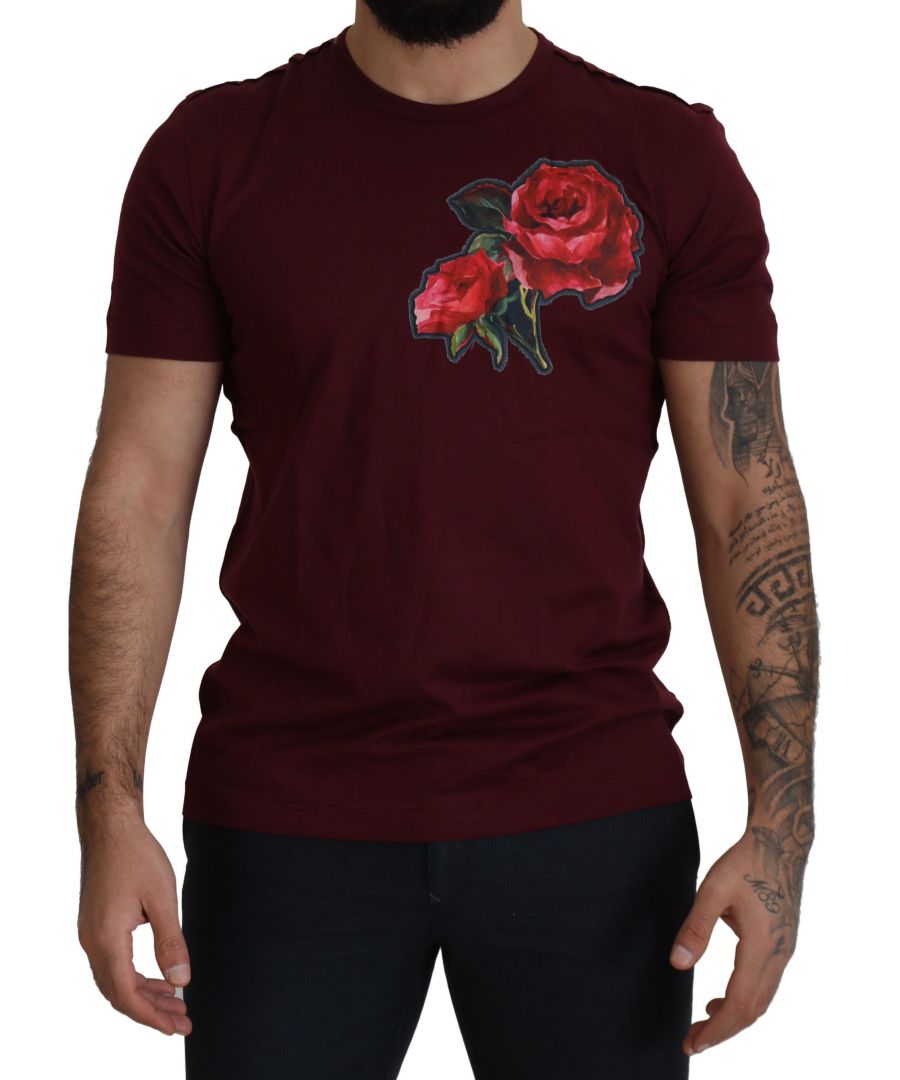 Dolce & Gabbana Bordeaux Roses Cotton Crewneck Mens T-shirt - Purple - Size Large