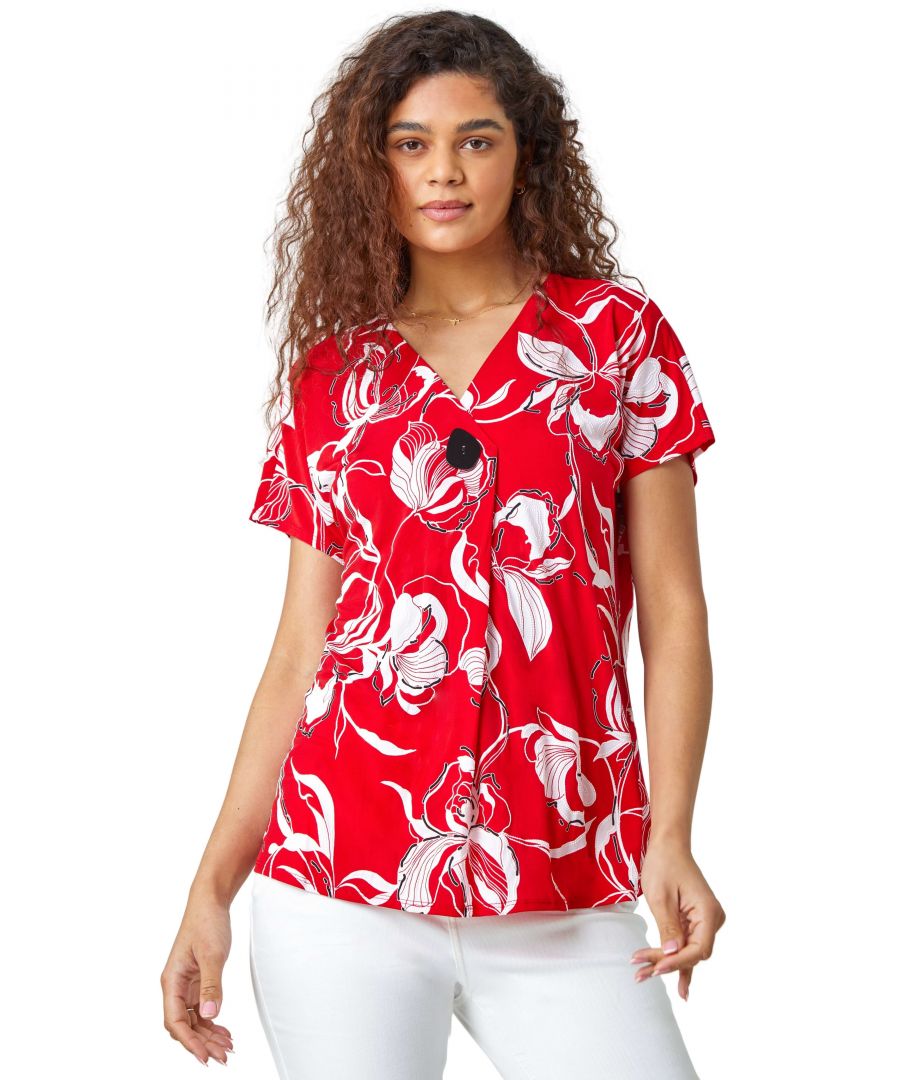 Roman Womens Floral Button Detail V-Neck Stretch Top - Red - Size 10 UK