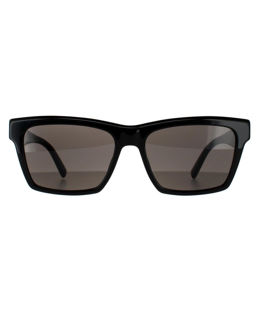 Saint Laurent Rectangle Unisex Shiny Black Dark Grey Sunglasses Saint Laurent are a statement bold design with Mongram YSL logo on the winged temples and a strong top frame for a contemporary fashionable look.