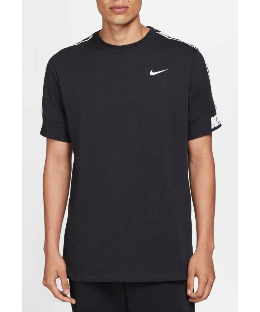 Nike Mens Repeat T Shirt.    Ribbed Crew Neck, Short Sleeve.     Soft Jersey Cotton Provides Lasting Comfort and Durability.     Repeat the Swoosh Graphics and Block Lettering So You Can Show the Love of Nike.