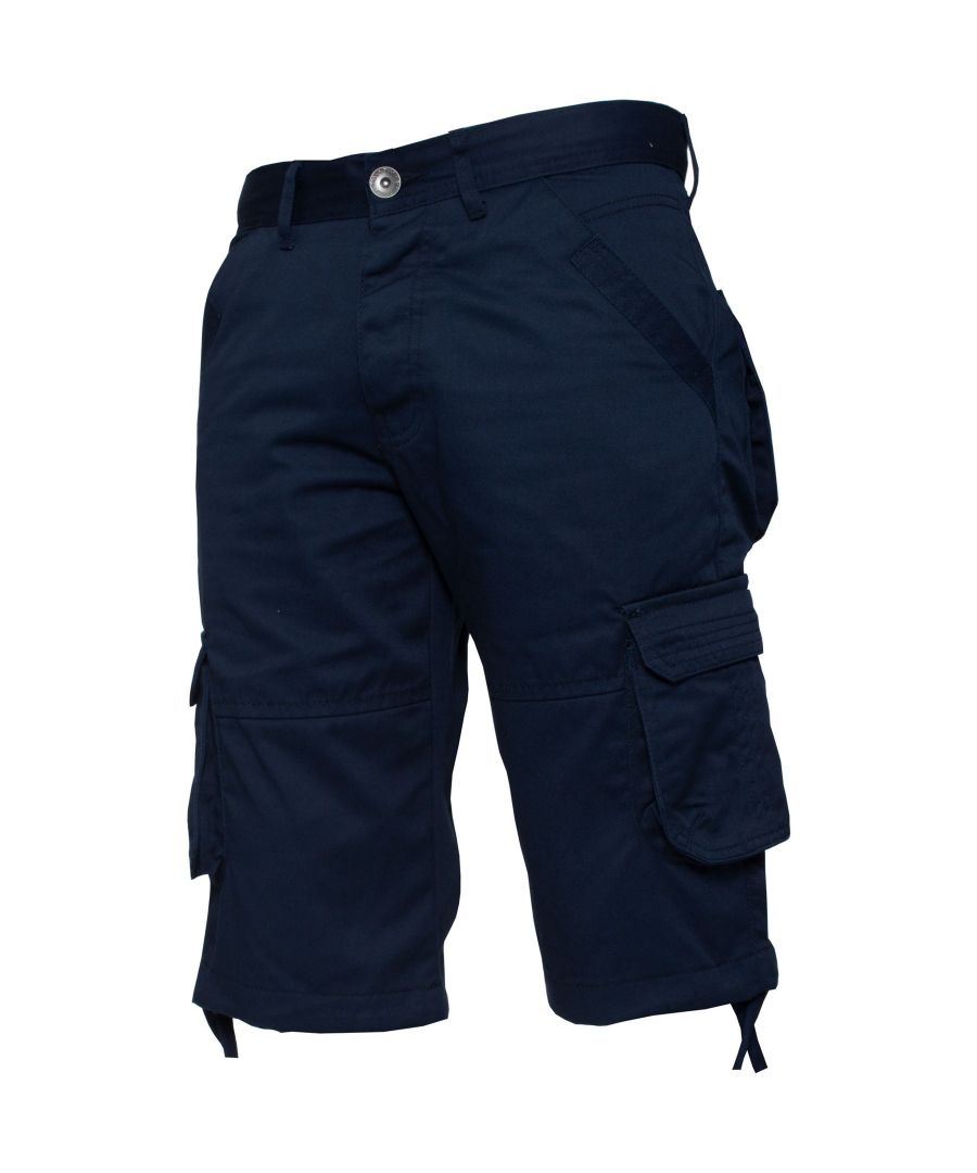 Enzo Mens Designer Cargo Combat Shorts, in Navy, 65% Polyester, 35% Cotton, 7 Pocket Design, Single Coin Pocket, 2 Front Pockets with Extra Fabric Stitching Detail, 2 Side, 2 Back Bellow Pockets with Velcro Fastening, Adjustable Drawstring to the Hems, Mid Rise, Button Fly Fastening, Machine washable, Ideal for Casual and Heavy Duty Work Wear Occasions 