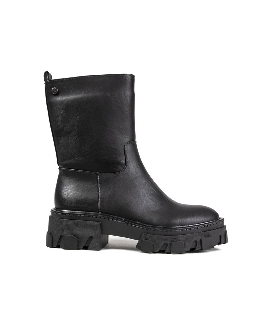 Women's Black Xti 43458 Zip-up Ankle Boots With Smooth Faux-leather Upper With Branded Heel Stud, Heel Pull, And Inside Zip For Ease Of Entry. These Ladies' Biker Inspired Boots Have A Padded Lining, And Chunky Synthetic Sole With Branded 3d Tread.