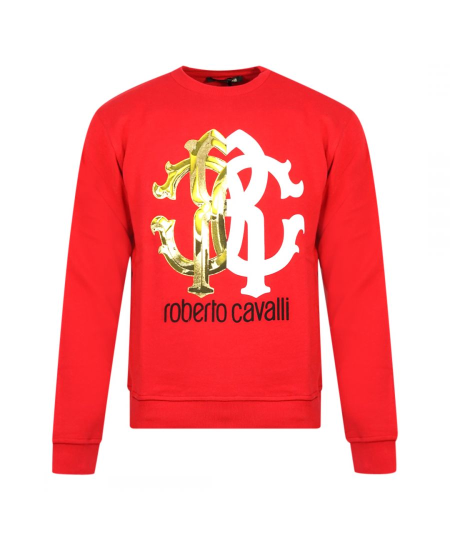 Roberto Cavalli rood sweatshirt met monogramprint en logo. Roberto Cavalli rode trui met ronde hals. Roberto Cavalli-branding. 100% katoen. Geribbelde mouw- en taille-uiteinden. Stijl: IST68G CF050 D0568