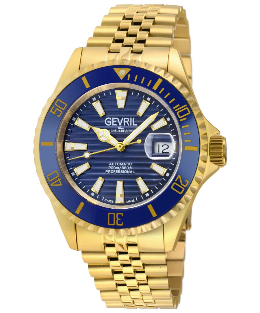 Gevril 42604 Men's Chambers Swiss Automatic Watch\nGevril Men's Swiss Automatic Watch from the Chambers Collection\n42mm 316L Stainless Steel Case with Blue/Gold Ceramic Bezel\nBlue Dial, Date Magnifier, Screw Down Crown\nIPYG Bracelet with folding Deployment Buckle\nAnti-reflective Sapphire Crystal\nWater Resistant to 200 Meters/20 ATM\nSwiss Made Automatic, Sellita SW200 Movement