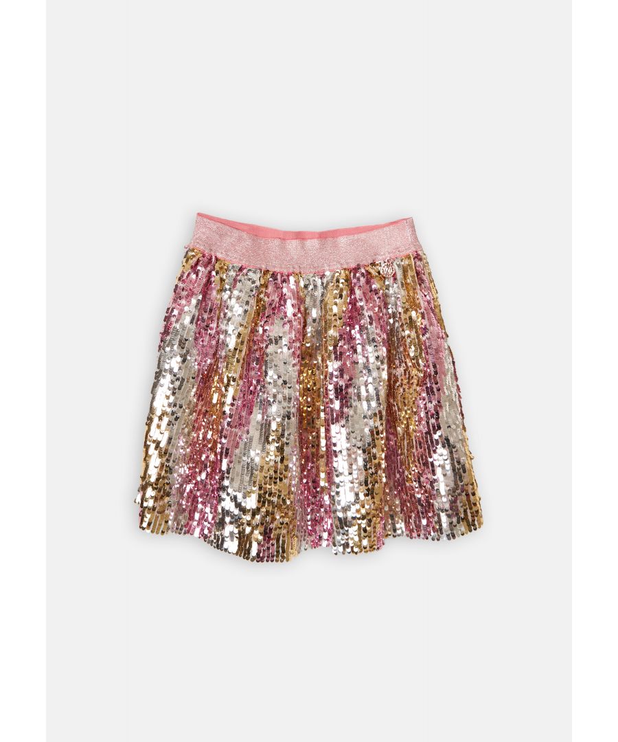 Behold the skirt of your dreams! A fabulous trio of coloured sequins in a full skirt finished with a chunky metallic pink waistband. Dress up or dress down but always SPARKLE!.  . About me: 100% Polyester exc trims.