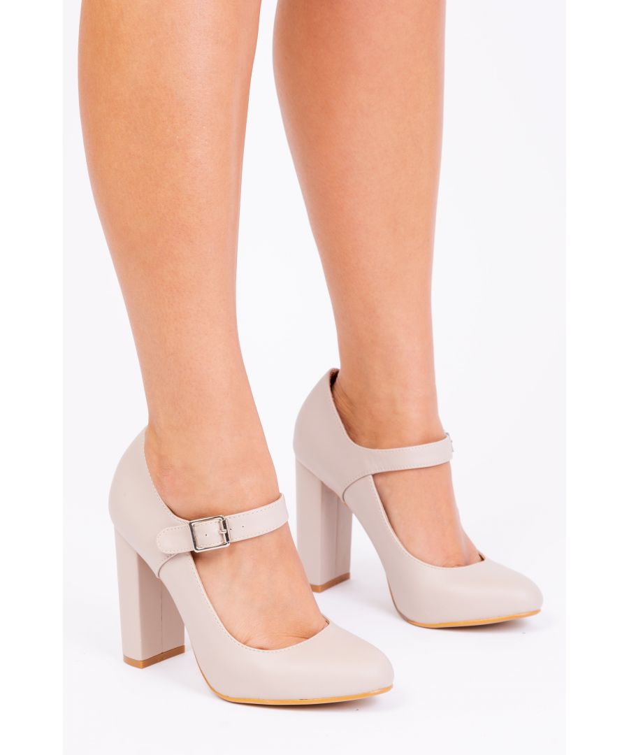 Women's block heel office pump featuring a front ankle strap\n\nHeel Height: 3.9' (9.9 cm) Approx