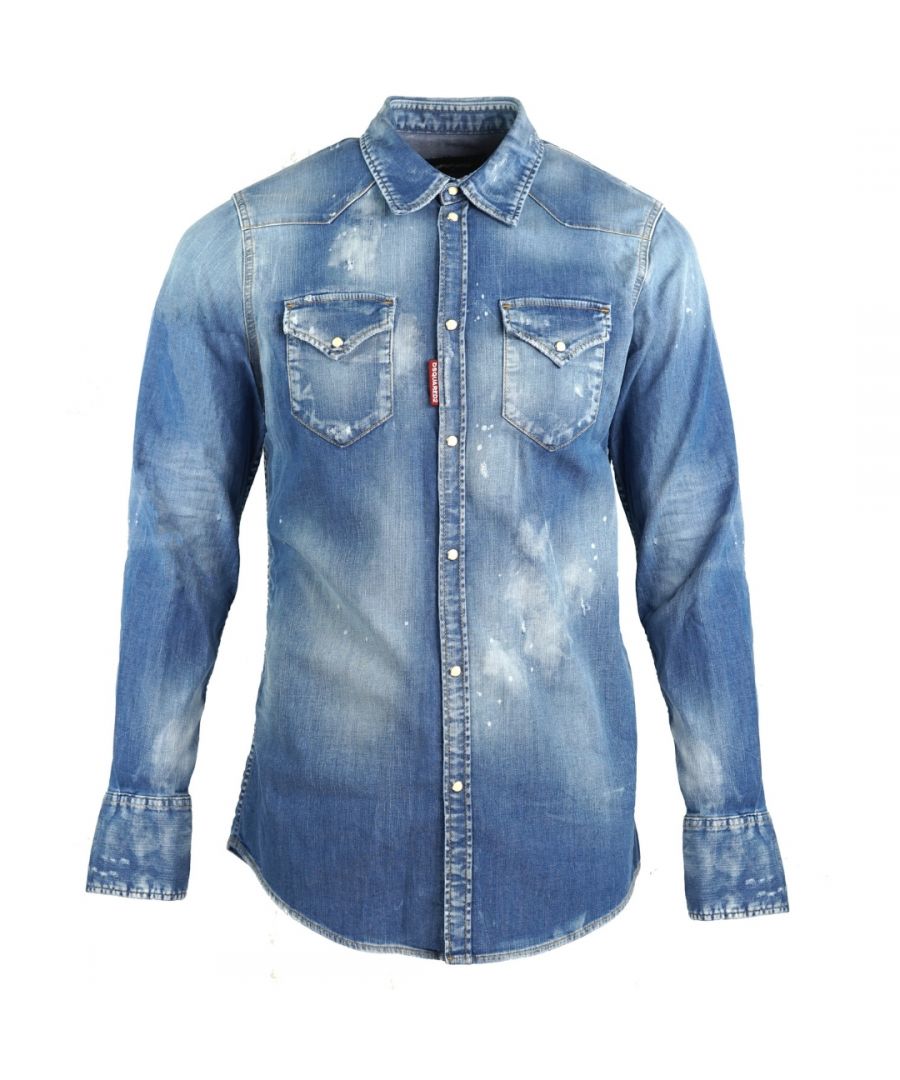 Dsquared2 Classic Western Fit Paint Effect Blue Denim Shirt. Dsquared2 S74DM0301 S30341 470 Denim Shirt. Stretch Denim 98% Cotton 2% Elastane. Made In Italy. Pop Button Fasten, 2 Front Pockets. Classic Western Fit