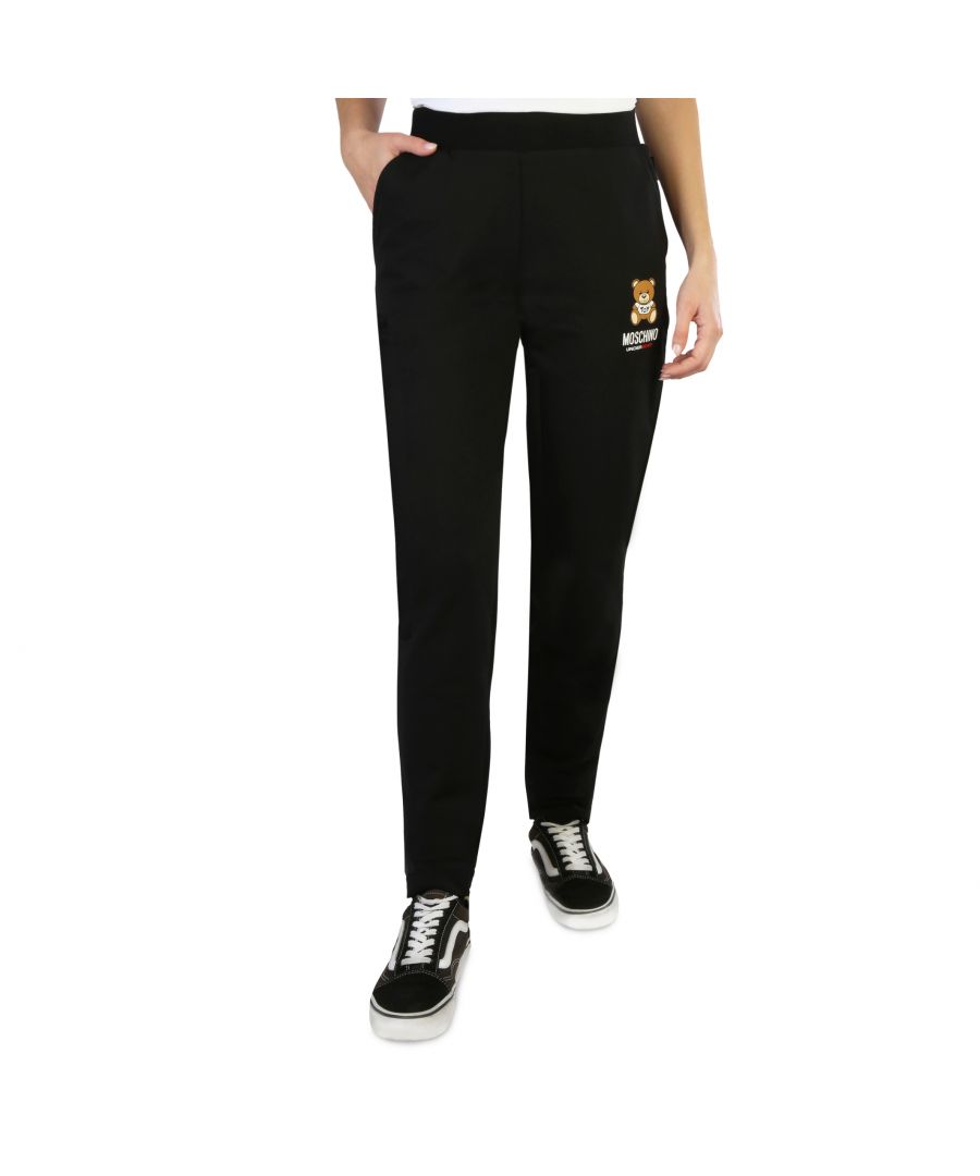 Brand: Moschino Gender: Woman  Type: Sweatpants  Fastening: Elastic Waistband  External Pockets: 2  Material: Cotton 92%, Elastane 8%  Pattern: Solid Colour  Washing: Wash at 30°c  Model Height, cm: 175  Model Wears a Size: S  Inside: Fleeced  Hems: Ribbed  Details: Visible Logo