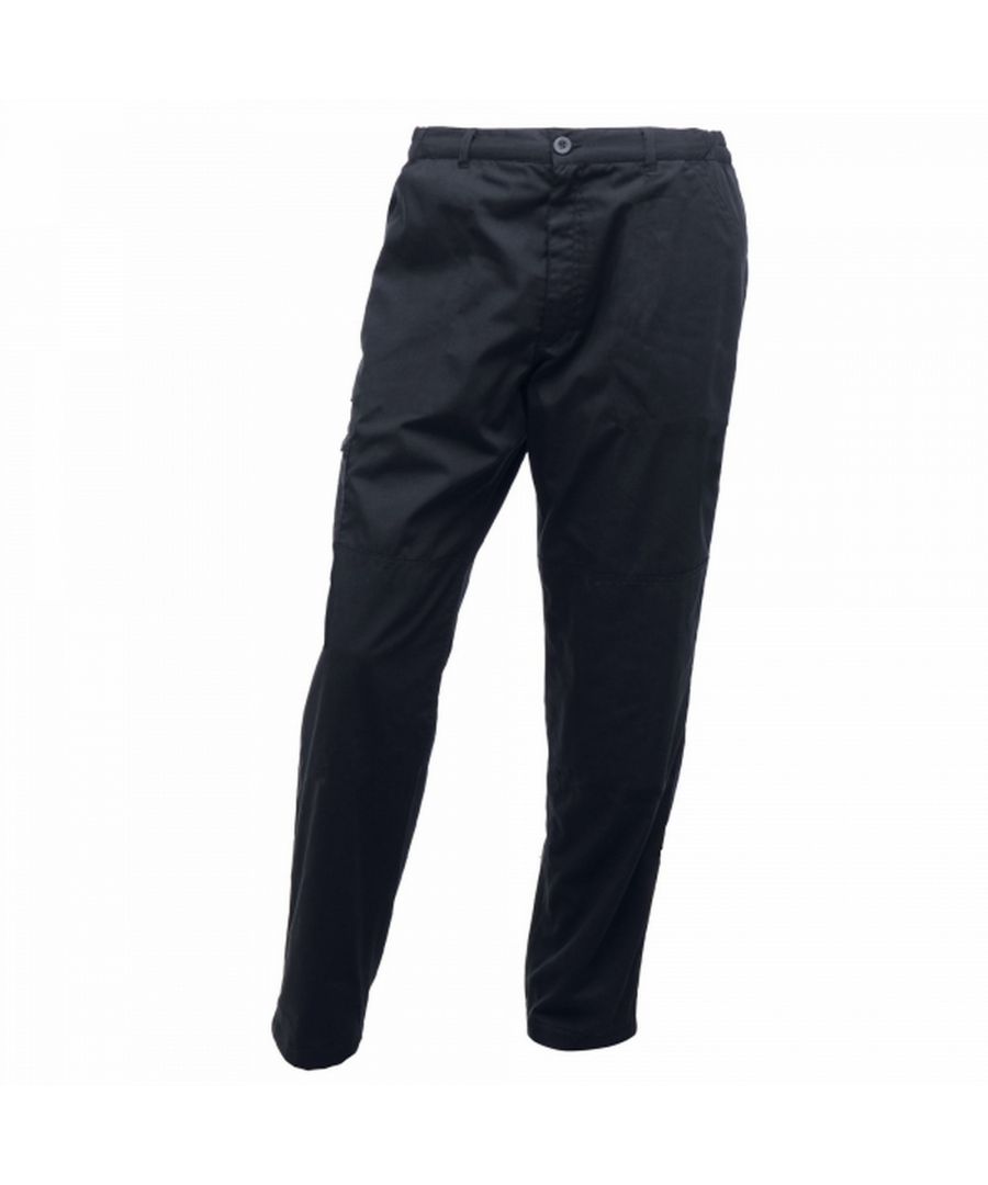 Mens waterproof trousers made of hardwearing Polycotton fabric. Fabric weight 245 g/m2. Water repellent coating. Part-elasticated waist. Knee pad pockets. Belt loops. Zip fly opening. Metal Shank button to CF fasten. 2 front pockets. 1 side cargo pocket button fasten, 2 rear pockets. Side leg Ruler pocket. D-ring attachment. Hammer Loop. Reinforced crotch seam. Reinforced seams with triple stitching. 65% Polyester, 35% Cotton. Long: 34in.