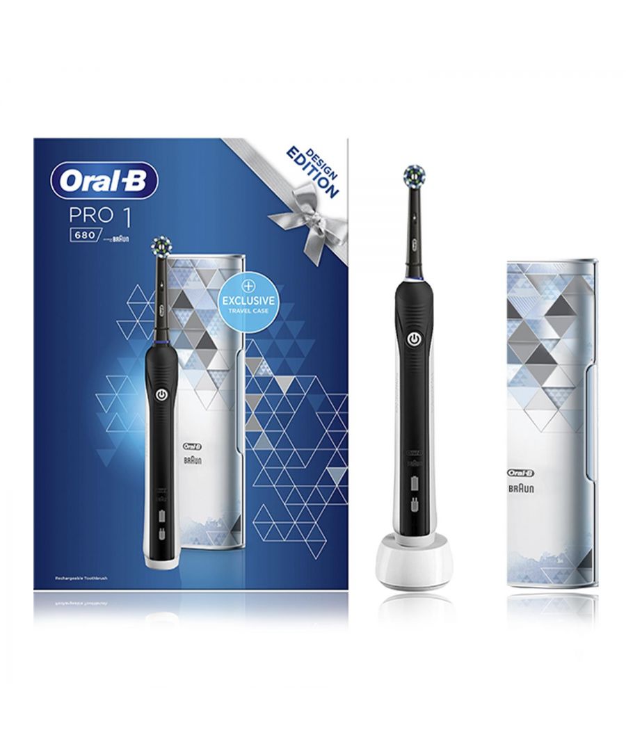 Oral-B Pro 680 3D Black-White Electric Toothbrush with Travel Case.  Achieve a clinically proven superior clean vs. a regular manual toothbrush and whiter smile with the Oral-B Pro PRO 680 3DBlack-White electric toothbrush. The specialized cup polishes for whiter teeth starting from day 1 by removing surface stains and the round dentist inspired toothbrush head oscillates, rotates and pulsates to remove more plaque vs. a regular manual toothbrush. Together with the daily clean cleaning mode and an in-handle timer to help you brush for a dentist recommended 2 minutes, the Oral-B Pro PRO 680 3D Black-White is a superior solution for your personalized brushing needs. Time coaching with an in-handle timer helps you brush for a dentist-recommended 2 minutes. Waterproof handle, Charger with charge level and full charge conformation LED, rechargeable NiMH battery lasts up to 10 days. So is ideal for trips and travelling!\n\nFeatures: \n\nDeep cleaning with 3D Technology,  oscillates, rotates and pulsates to remove up to 100% more plaque vs. a manual brush.\nRound head cleans better for healthier gums.\nBattery lasts up to 10 days.\nHelps you brush longer with the 2 minutes embedded timer.\nSpecialized cup polishes and whitens teeth starting from day 1 by removing surface stains\nRemoves more plaque than a regular manual toothbrush\nDentist-inspired round brush head oscillates, rotates and pulsates to break up and remove plaque\nRechargeable electric toothbrush with one mode: daily clean\nThis toothbrush comes with a UK 2-pin plug.\n\nThe box Contents: 1 handle with charger, 1 brush head, 1 travel case.