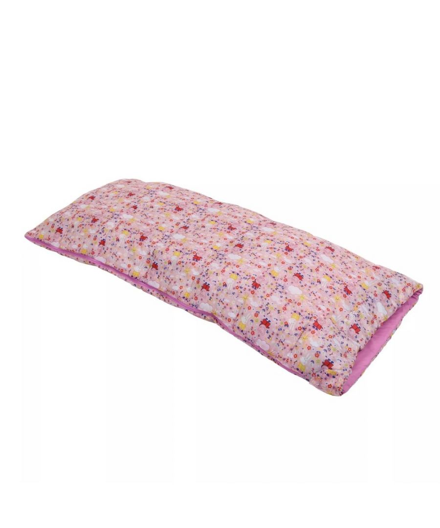 100% Polyester. Converts Into Blanket. 100% Officially Licensed. Pockets: 1 Internal Pocket. Contents: 1 Stuff Sack. Lining: Brushed, Soft. Design: Clouds, Floral, Rectangular. Characters: Peppa Pig. Single Layer Stitch. Fastening: Two Way Zip.