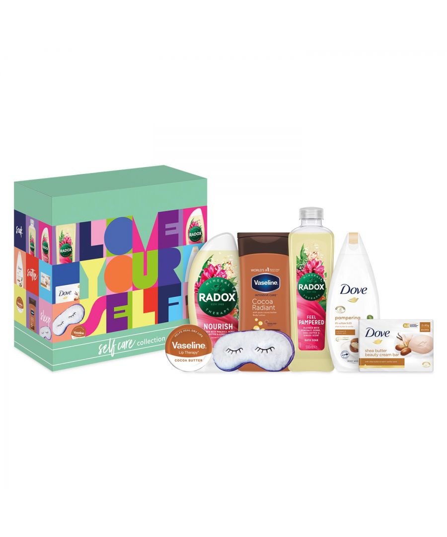 Love Yourself Self Care Collection Multi-Branded Bath & Body Gift Set for Her\n\nKnow someone who needs a little self-care? You've just found the perfect gifts for her. Give the Love Yourself Self Care Collection Gift Set, packed full of products from Dove, Vaseline and RADOX along with a sleep mask, and give the gift of a complete relaxation routine.\n\nThe gift set includes Dove Shea Butter Body Wash 225 ml, Dove Shea Butter Beauty Cream Bar 90 g, Vaseline Lip Therapy Cocoa Butter 20 g, Vaseline Intensive Care Cocoa Radiant Body Lotion 200 ml, RADOX Nourishing Shower Gel 250 ml, and RADOX Feel Pampered Bath Gel 500 ml which cleanses the body and revives with its heavenly scented formula. \n\nThis set of gifts comes complete with a stunning sleep mask so that she can amplify her relaxation experience even further. Help her look and feel her best no matter the occasion with this selection of pampering gifts from Dove, RADOX and Vaseline. This set of gifts for her comes in a ready-to-gift box perfect for any occasion.\n\nEach Gift Set Includes: \n1x Dove Shea Butter Beauty Bar, 90g\n1x Dove Shea Butter Body Wash, 225ml\n1x Vaseline Cocoa Butter Lip Therapy, 20g\n1x Vaseline Cocoa Butter Body Lotion, 200ml\n1x Radox Nourishing Shower Gel, 250ml\n1x Radox Feel Pampered Bath Soak, 500ml\n1x Sleep Mask