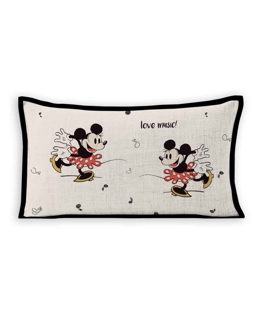 Take a trip to the timeless and magical world of Disney with this Disney Mickey and Minnie Love Music rectangular cushion. This pillow features the iconic Mickey and Minnie on a fun backdrop of musical notes printed in repeat. This classic styling works well for both kids’ and teens’ bedroom spaces with a rhythmical pattern play in bright colours.\n\nThis 100% plush cushion with polyster filling features a printed detail an is made with a soft, stretchable fabric ideal for cuddling!