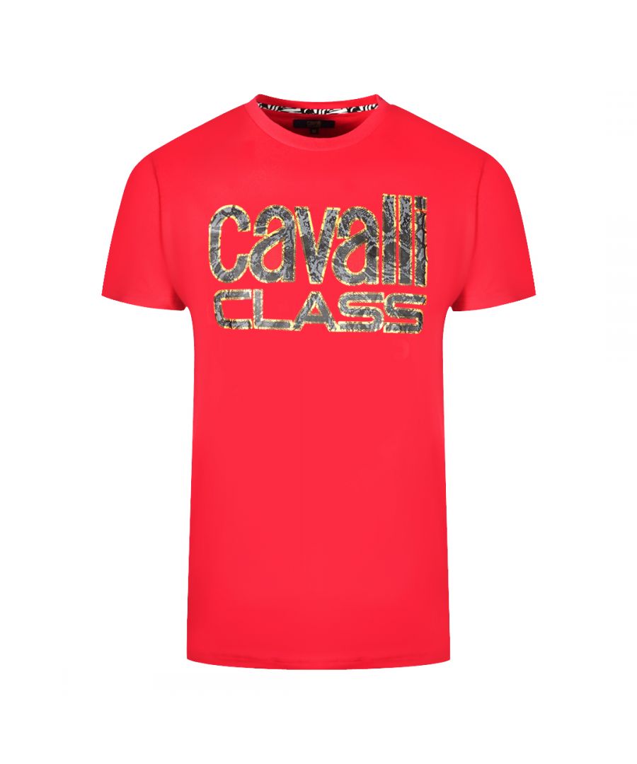 Cavalli Class Snake Skin Logo Red T-Shirt. This Cavalli Class T-Shirt is a must-have for any fan of the brand. Crafted from 100% cotton for a soft and comfortable fit, the tee features a stylish crew neck, short sleeves, and a Cavalli Class snake skin logo with a branded logo and gold boarder. Regular fit and true-to-size, it's the perfect addition for any outfit.. Crew Neck, Short Sleeves, Cavalli Class Red Tee. 100% Cotton, Snake Skin Logo, Branded Logo, Gold Boarder. Regular Fit, Fits True To Size. Style Code: QXT61Q JD060 02000