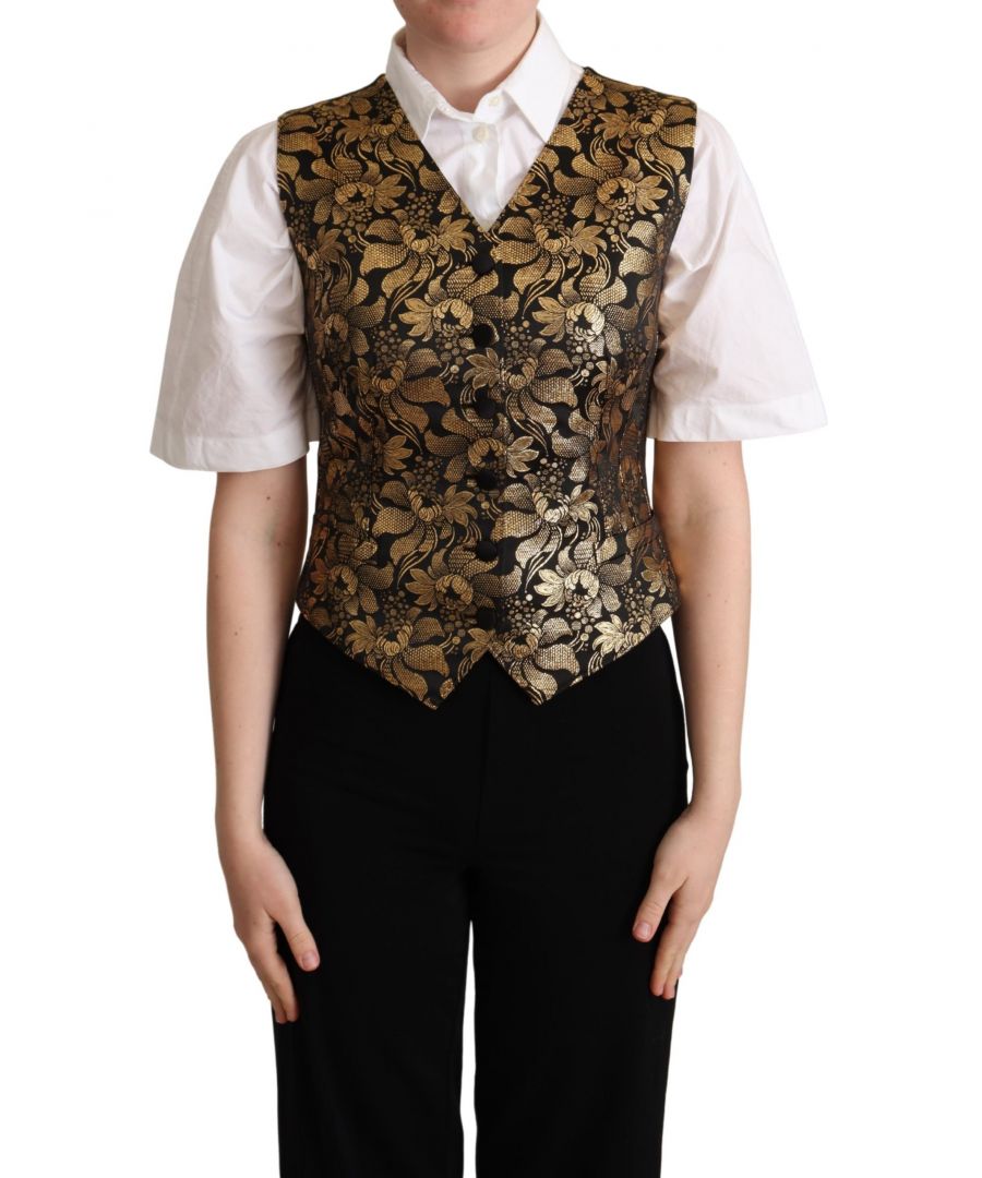DOLCE & GABBANA\nGorgeous brand new with tags, 100% Authentic Black jacquard waistcoat. Features a front button fastening.\nModel: Sleeveless vest waistcoat\nMaterial: 37% Silk 30% Polyester 20% Cotton 10% Fiber 3% Elastane\nColor: Black, gold\nFront button closure\nLogo details\nMade in Italy