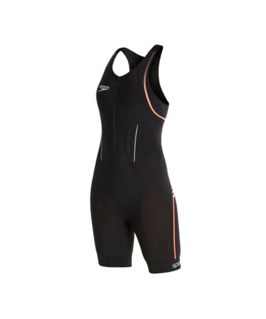 The Speedo Comp 16 Womens Triathlon Trisuit is made to push you through your next triathon race. A low profile sleeveless design that is made to reduce drag on your next bike,run or swim. Round neck with Zip opening for easy on-off. Power band banded hem for comfort, Tri pad for added comfort on tnhe bike part of the race, Compress fit for added muscular support durign your race. Integrated Bra support. With added Speed details added to outer.
