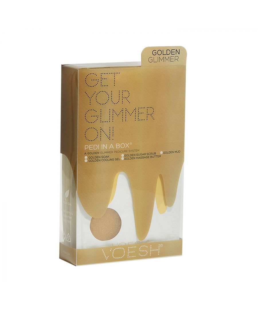 Voesh Get Your Glimmer On 5 Step Golden Glimmer Pedi In A Box Glimmer Spa.  Voesh glimmer Pedi in a box is the 5-step single-use pedicure experience. Definitely sparkly A pedicure with a whole lot of shimmers! For a party-ready skin that looks slimmer, brighter and refreshed. The ultimate in luxury, gold-inspired infused with soothing and calming benefits of Vanilla Bean. Set includes Golden Soak, Golden Sugar Scrub, Golden Mud, Golden Cooling Gel and Golden Massage Butter.  Made With Vanilla Bean Extract. \n\nThe Perfect Pedi For:\nDIY At-Home Pedicure\nDate Night\nBachelorette Parties\nGirls’ Night In\n\nThis kit contains:\nSea Salt Soak 35g: This soak helps relieve tension, stiffness, minor aches and discomfort in your feet. It helps detox and deodorize the feet.\nSugar Scrub 35g: The scrub gently exfoliates dead skin cells and helps soften your feet. Perfect for use on the soles on your feet.\nMud Masque 35g: The masque removes deep-seated impurities in your skin leaving your feet feeling clean and revived.\nCooling Gel Mask 35g: This gel-based mask helps cool and soothe your feet. It is packed with gold shimmer for a touch of luxury.\nMassage Cream 35g: The massage cream hydrates and soothes skin. It softens the soles of your feet and helps prevent dryness and roughness.