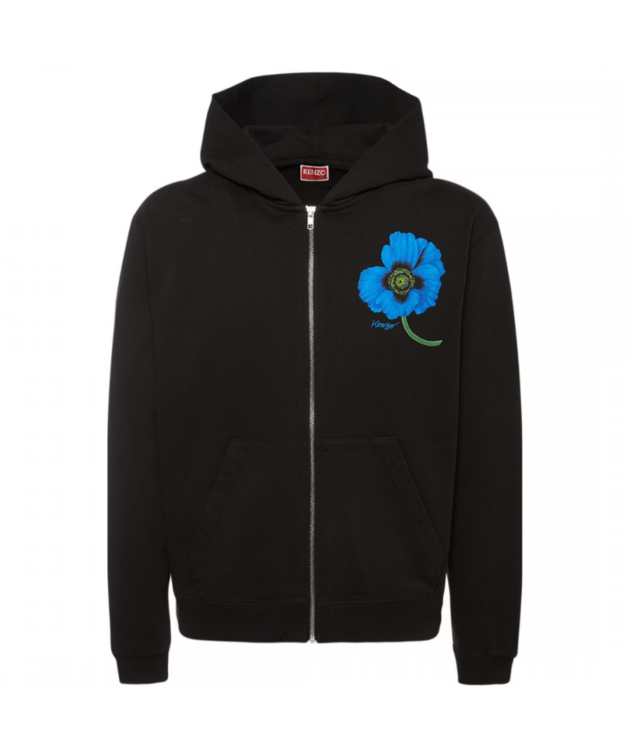 Paying tribute to KENZO's founder Kenzo Takada, this zip-front black cotton hoodie is punctuated with a bold blue poppy print at the chest and back. Seen as a symbol of glamour and beauty by Takada; it offers up a thoughtful homage to the late designer whose signature accompanies the floral motif.