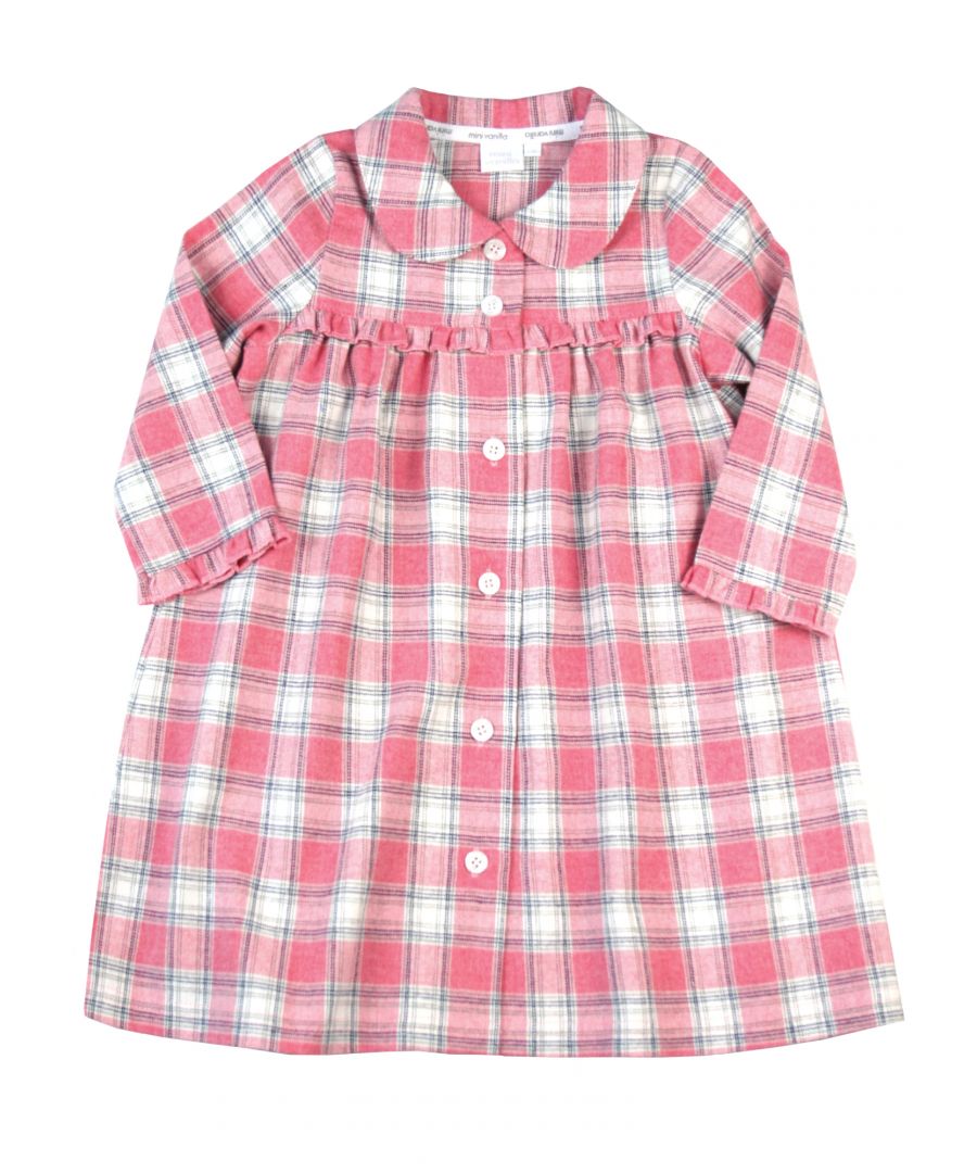 Traditional Pink Check Cotton Night Dress\nWhen Autumn evenings arrive, our long-sleeved pure-cotton woven brushed check nightie is the perfect choice. Featuring our classic pretty pink check , this super-soft one-piece is finished with a traditional peter pan collar, full engraved button opening and a frill across the chest. \n\nFeature: \nBrushed woven check fabric. \nNightdress shape\nLong-sleeves\n100% cotton\nMachine wash