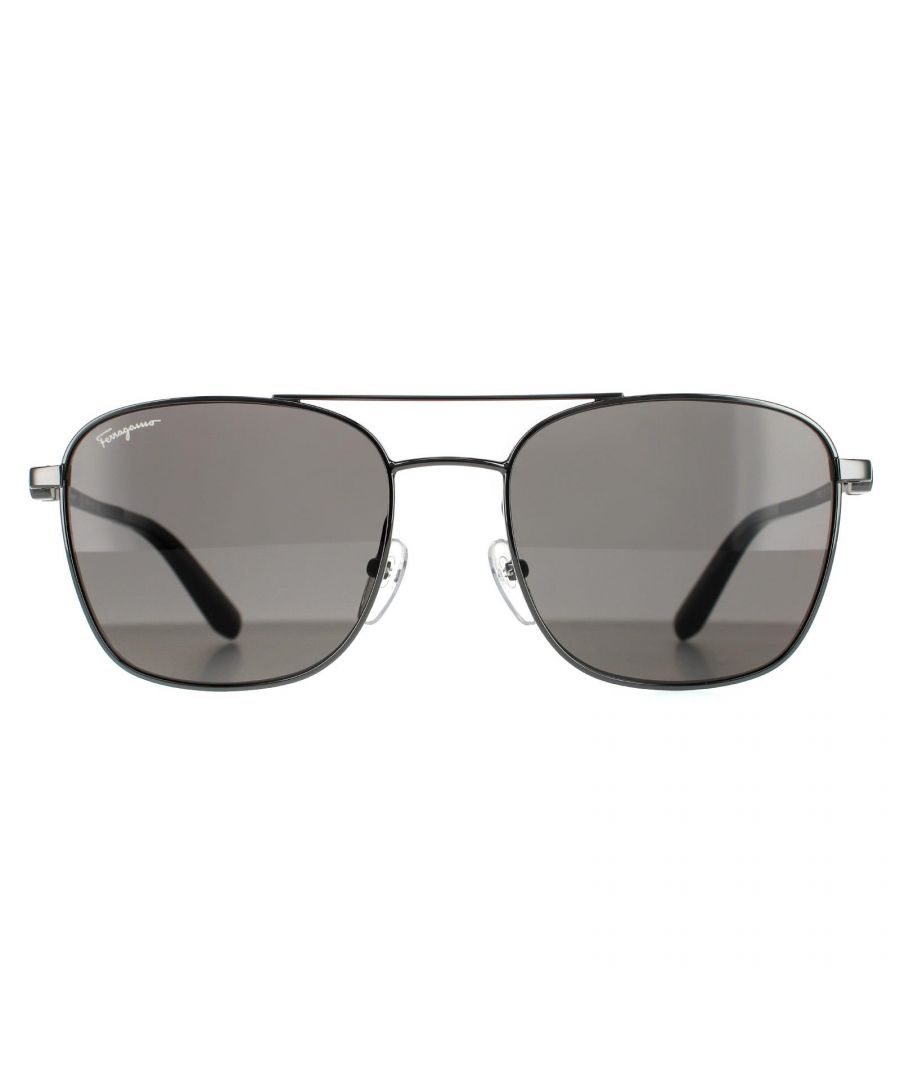 Salvatore Ferragamo Aviator Mens Dark Gunmetal Smoke Grey Sunglasses SF158S are an aviator design crafted from lightweight metal. The double bridge, silicone nose pads and plastic temple tips ensure all day comfort. Slender temples are engraved with the Ferragamo emblem .