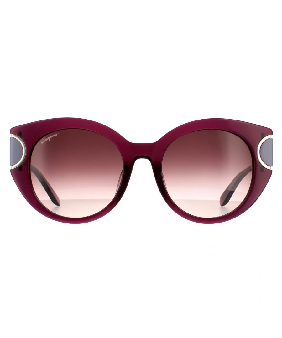 Salvatore Ferragamo Cat Eye Womens Violet Brown Wine Gradient 90041091 Salvatore Ferragamo are a chic cat eye style crafted from metal and plastic with contrasting colour blocks on the outer edge of the frames.