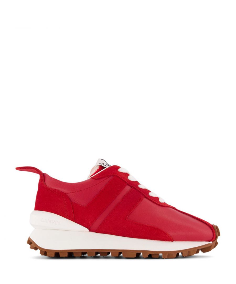 This Red Logo Mini Me sneakers by Lanvin. The sneakers are made in Portugal and have a leather upper. They have a padded collar, a lace fastening, a leather insole and a non-slip sole.