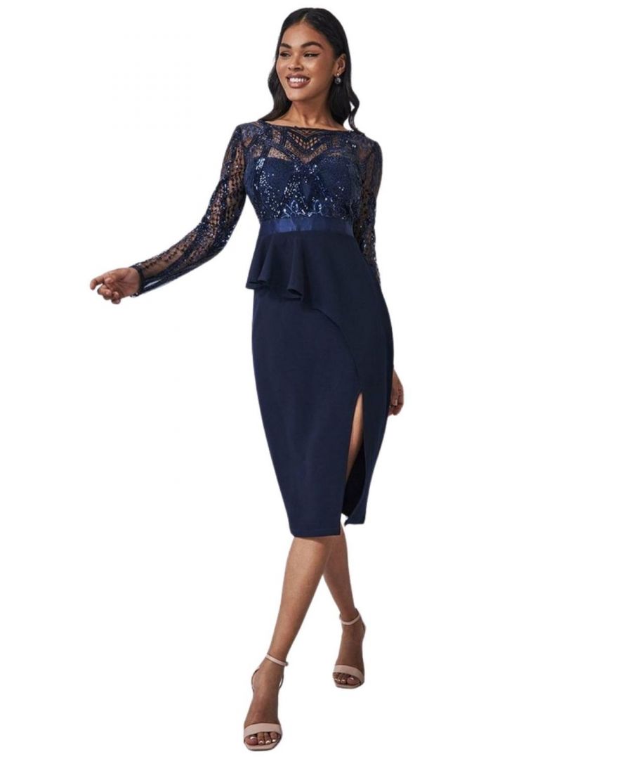 Goddiva Chiffon Layered Flutter Sleeve Midi Dress - Navy