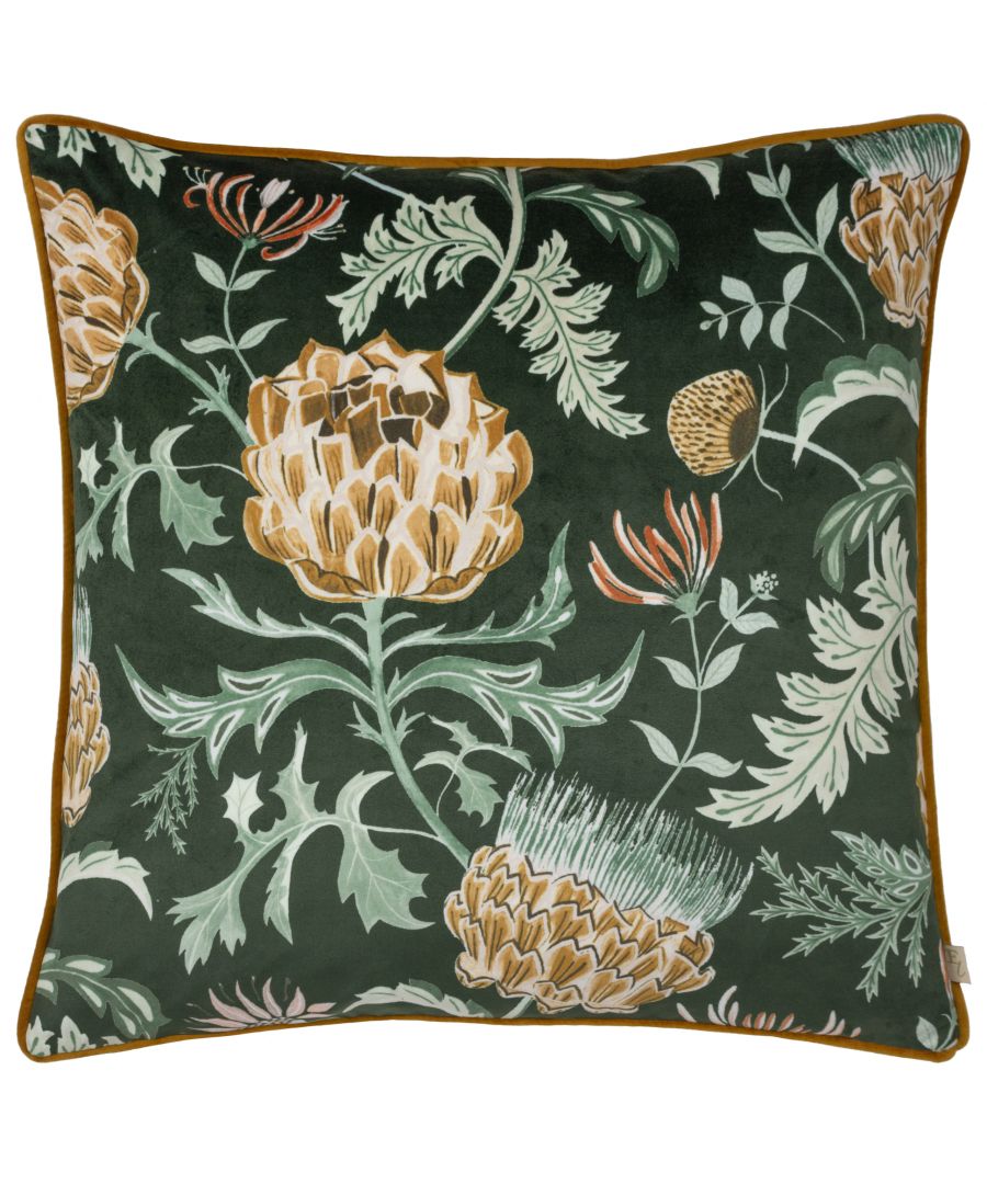 In amazing hand-painted detail, this wonderfully designed cushion features long, winding, and prickly artichokes, which grow unrestricted up the cushion, before exploding into a burst of golden colour. They are surrounded by fresh, contrasting florals, set against a rich jewel-toned background, printed on soft velvet. A truly magnificent bloom to add to a modern country interior.