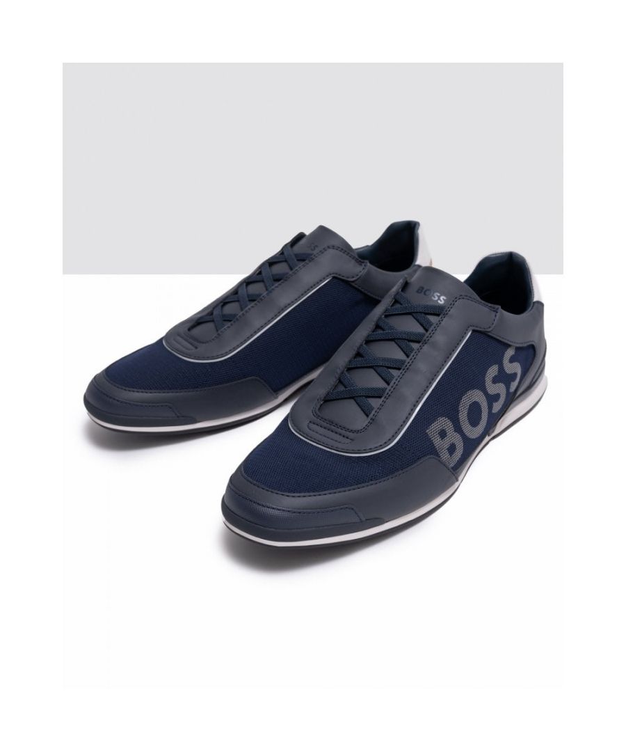 Cleanly styled trainers by BOSS. Crafted in a combination of faux leather and sporty mesh, these low-top trainers are designed with signature-stripe tape and a large BOSS logo. The tongue and backtab are detailed with further branding.\nFastening top: Slip-onElasticUnlinedSole: Other materialPackaging: Box\nUpper material: 100% Polyurethane, 50% Cotton, 100% Polyurethane, 50% Viscose, Sole: 80% Rubber, 20% Thermoplastic polyurethane, Facing: 100% Polyester, Innersole: 50% Cotton, 50% Viscose\n50480087
