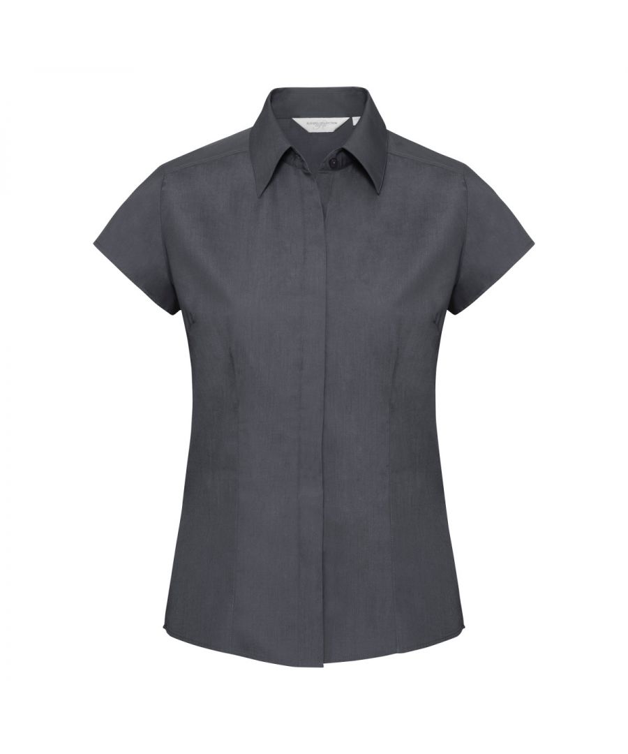 Russell Collection Ladies Cap Sleeve Polycotton Easy Care Fitted Poplin Shirt (Convoy Grey)