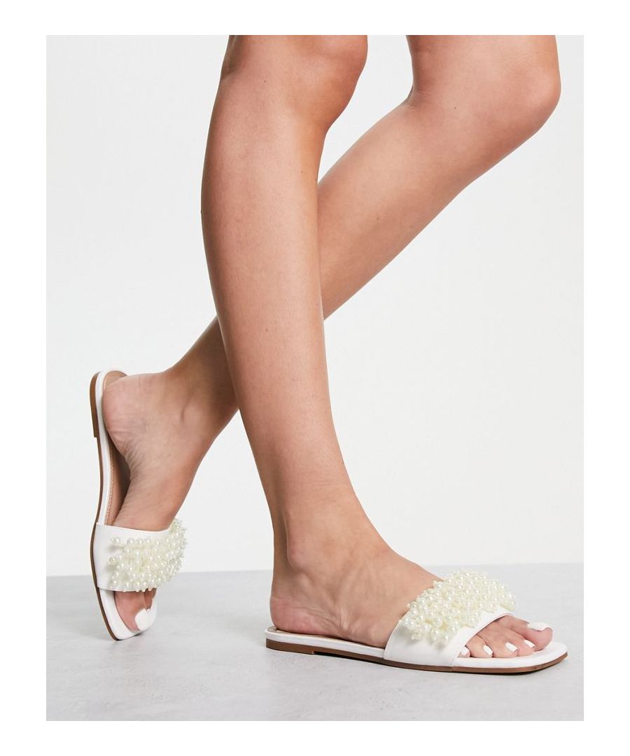 Mules by ASOS DESIGN Love at first scroll Slip-on style Peep toe Flat sole Faux-pearl embellishment  Sold By: Asos