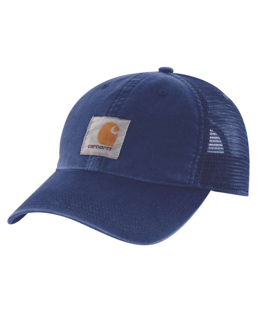Sweatband wicks away moisture for comfort. Light, structured, medium profile cap with pre-curved visor. Adjustable fit with plastic closure. Carhartt label is sewn on front. Carhartt embroidered on back. 100% cotton washed canvas with 100% polyester mesh back.