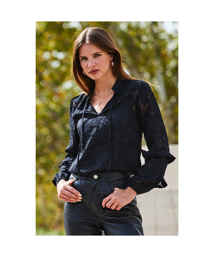 Sosandar Womens Black Floral Jacquard Ruffle Sleeve Blouse - Size 8 UK