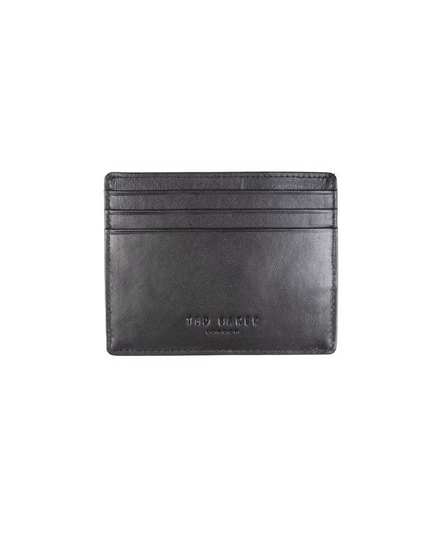 Mens black Ted Baker hensey wallet, manufactured with leather. Featuring: front branding, 6 card sleaves, central note section, presentation box and height 8cm x width 10cm x depth 3mm.