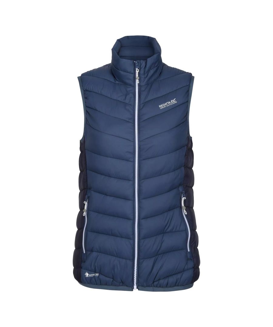 Material: 100% Polyamide. Filling: Down, Feather-Free. Design: Logo. Contrast Panel. Fabric Technology: Durable, Insulating, Lightweight, Water Repellent. Sleeve-Type: Sleeveless. Neckline: Standing Collar, Stretch Binding. Cuff: Stretch Binding. Pockets: 2 Lower Pockets, Contrast, Zip. Fastening: Contrast Zip, Full Zip. Hem: Stretch Binding. Denier: 20D. Sustainability: Cruelty Free, Made from Recycled Materials.