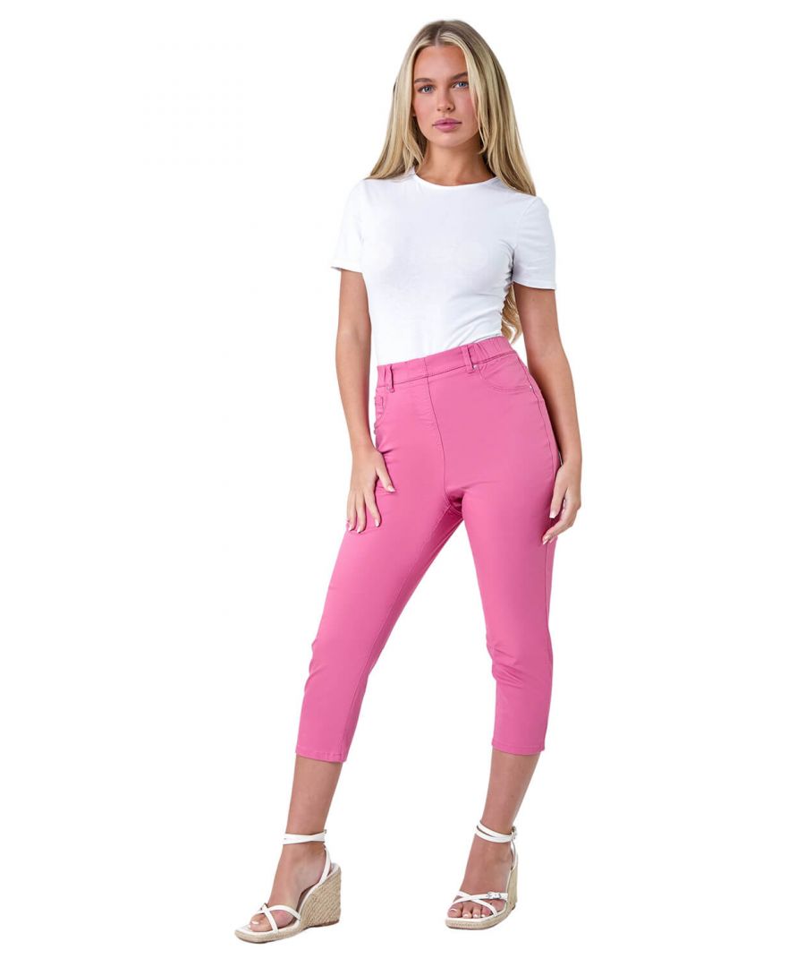 Roman Petite Womens Cropped Stretch Denim Jegging Cotton Capri Jean Leggings - Pink - Size 18 UK