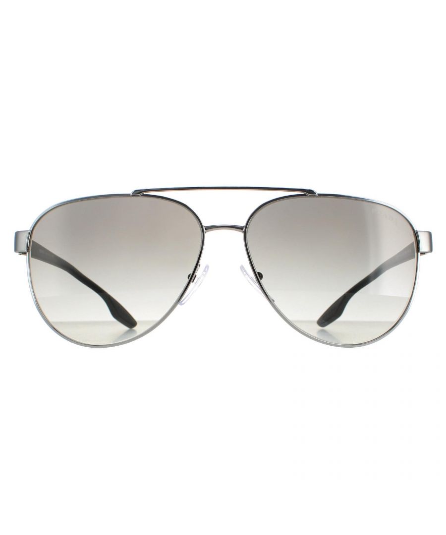 Prada Sport Aviator Mens Gunmetal Grey Polarized PS54TS  PS54TS are Italian made classic metal pilot style sunglasses featuring a very fine brow bar. The slimline temples are made from plastic, have rubber inserts at the temple tips for grip and feature the iconic red branded detailing at the hinges.