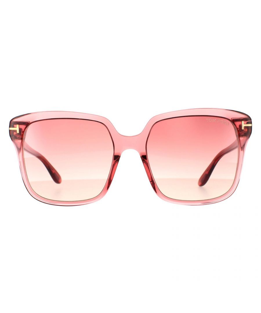 Tom Ford zonnebril Faye FT0788 72T Shiny Pink Bordeaux Gradient zijn een oversized rechthoekig frame gemaakt van lichtgewicht acetaat. Ze zijn verfraaid met de metalen Tom Ford T's die rond de scharnieren wikkelen voor merkauthenticiteit