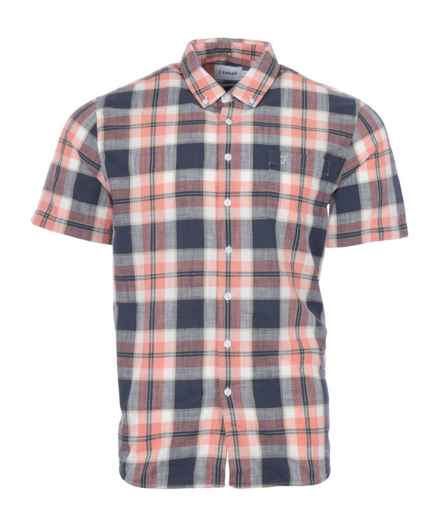 Crafted from pure cotton, the Stewart Check Short Sleeve Shirt from Farah is the perfect warm weather shirt to add to your wardrobe. Featuring a button down collar, button closure, a patch chest pocket, short sleeves and an all over check pattern. Finished with the iconic 'F' logo embroidered at the chest.  Modern Fit, Pure Cotton, Button Down Collar, Full Button Closure, Short Sleeves, Check Pattern, Farah Branding. Fit & Style: Modern Fit, Fits True to Size. Composition & Care: 100% Cotton, Machine Wash.