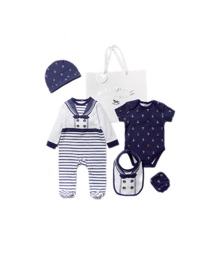 This Rock a Bye Baby Boutique five-piece set features a sweet sailor-themed print on each item. The set includes a stripey sleepsuit, an anchor print bodysuit, a hat, a matching bib, mitts, and a gift bag! Each item in the set is cotton with popper fastenings, keeping your little one comfortable. This five-piece set is the perfect gift set for the little one in your life.