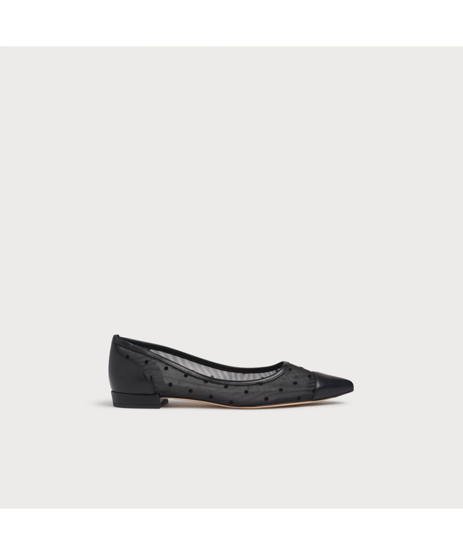Sleek and chic, our Porth pumps are stylish everyday shoes that also work beautifully as dressy flats for occasions. Crafted in Spain from black mesh spot fabric and leather, they have a pointed toe, a leather toe cap, trim and back of heel, and a very small flat heel. Wear them with tailored looks as an alternative to courts.