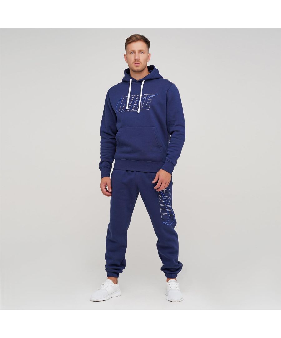 Nike Mens Club Tracksuit Set In Navy.   \nDrawstring Hoodie With Pouch Pocket.  \nOverhead Design.  \nNike Logo Print and Swoosh Embroidery on the Left Leg.  \nFitted Trims.  \nElasticated Waist Matching Joggers.   \nSide Pockets, Fitted Cuffs.