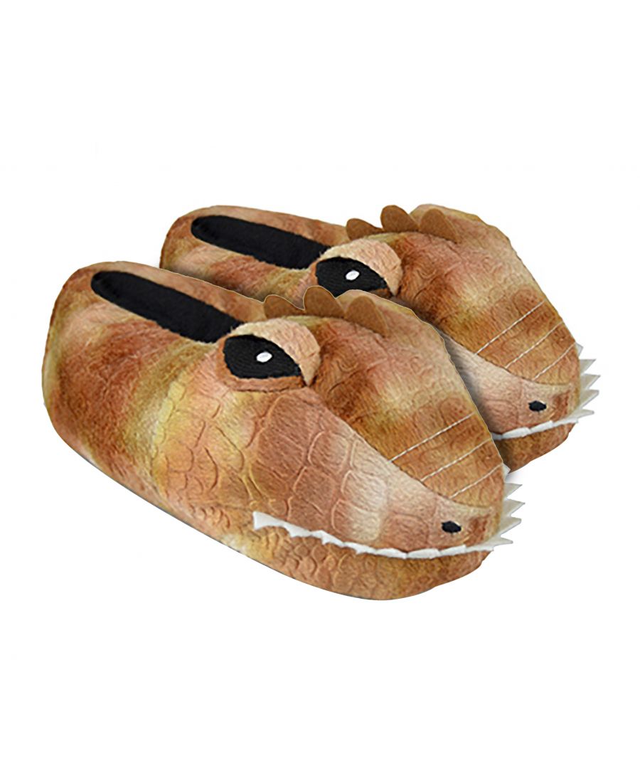 KIDS DINOSAUR HEAD SLIPPERSThese soft, plush, 3D dinosaur themed slippers will warm up any child's feet.Their soft fleece fur with cushioned insole will keep your child's feet cosy and snug while they look awesome in their 3D dinosaur feet!They also feature non slip PVC dots to avoid slipping and sliding on tiled or wooden floors.Available in four different sizes: S (9-10), M (11-12), L (13-1 ), XL (2-3).Extra Product Details- 3D Dinosaur Head Slippers- Boys & Girls Slippers- Brown Cosy Slippers- Plush Upper- PVC Pin Dots- Brown Slippers- S (9-10), M (11-12), L (13-1 ), XL (2-3)