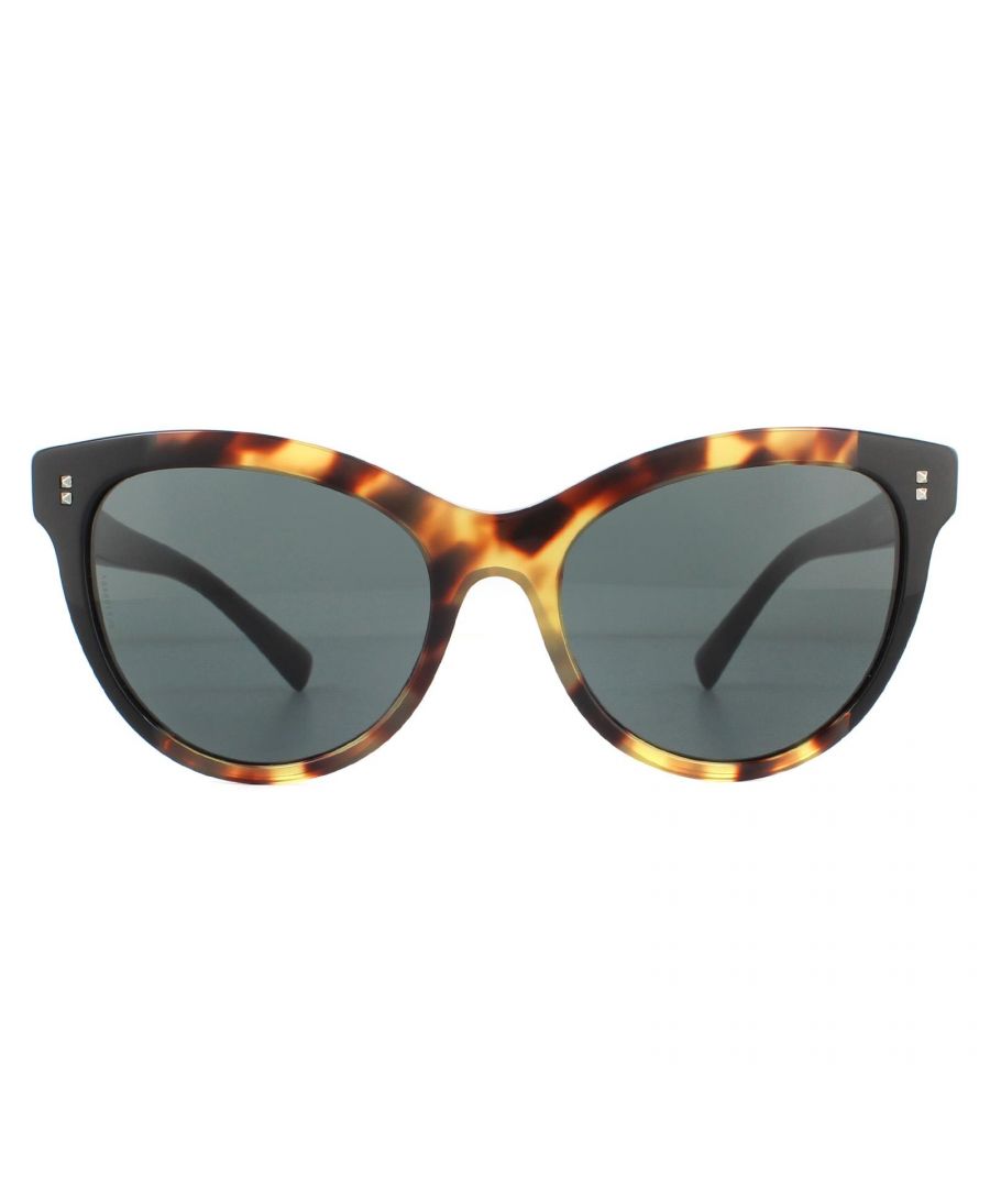 Valentino Sunglasses VA4013 500387 Havana Yellow and Black Smoke are a timeless cat eye design made from lightweight acetate and features stud detailing on the frame front and next to the Valentino logo.
