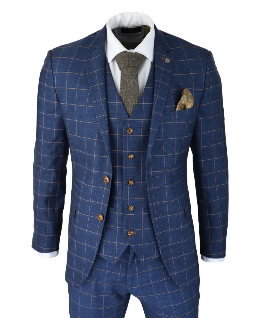 paul andrew mens 3 piece suit blue gold check peaky blinders 1920 gatsby smart vintage - size 44 (chest)