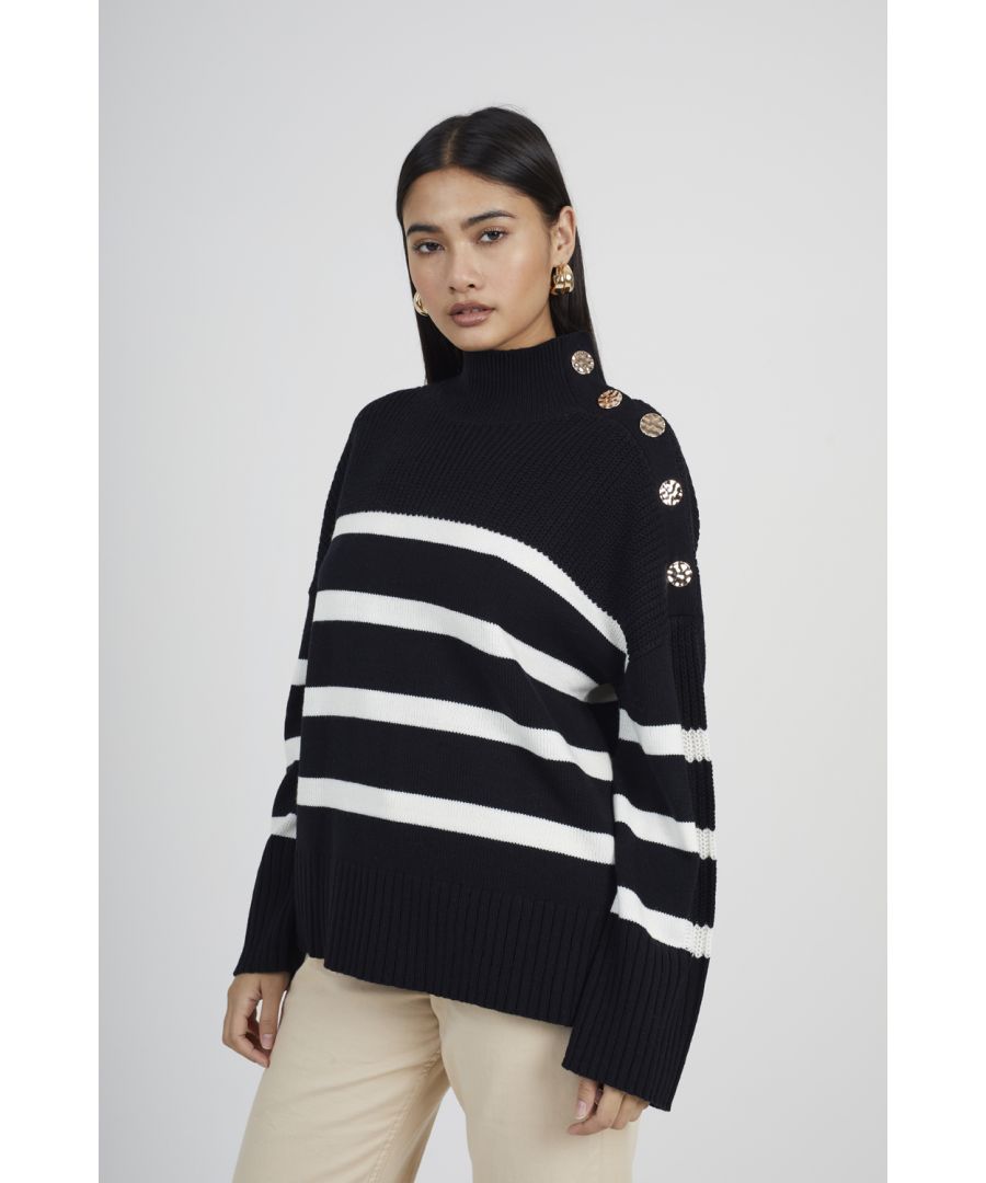 Brave Soul Womens Black Striped Turtleneck Jumper With Button Detail - Size Large